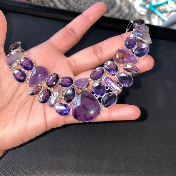 Charoite Necklace with Faceted Amethyst, Charoite and Biwa Pearl Bib Necklace - Picture 5 of 16